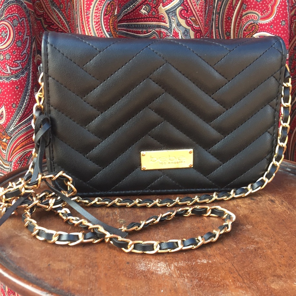 SOLD Bebe Black Vegan Leather Quilted Evening Bag with Gold Chain crossbody